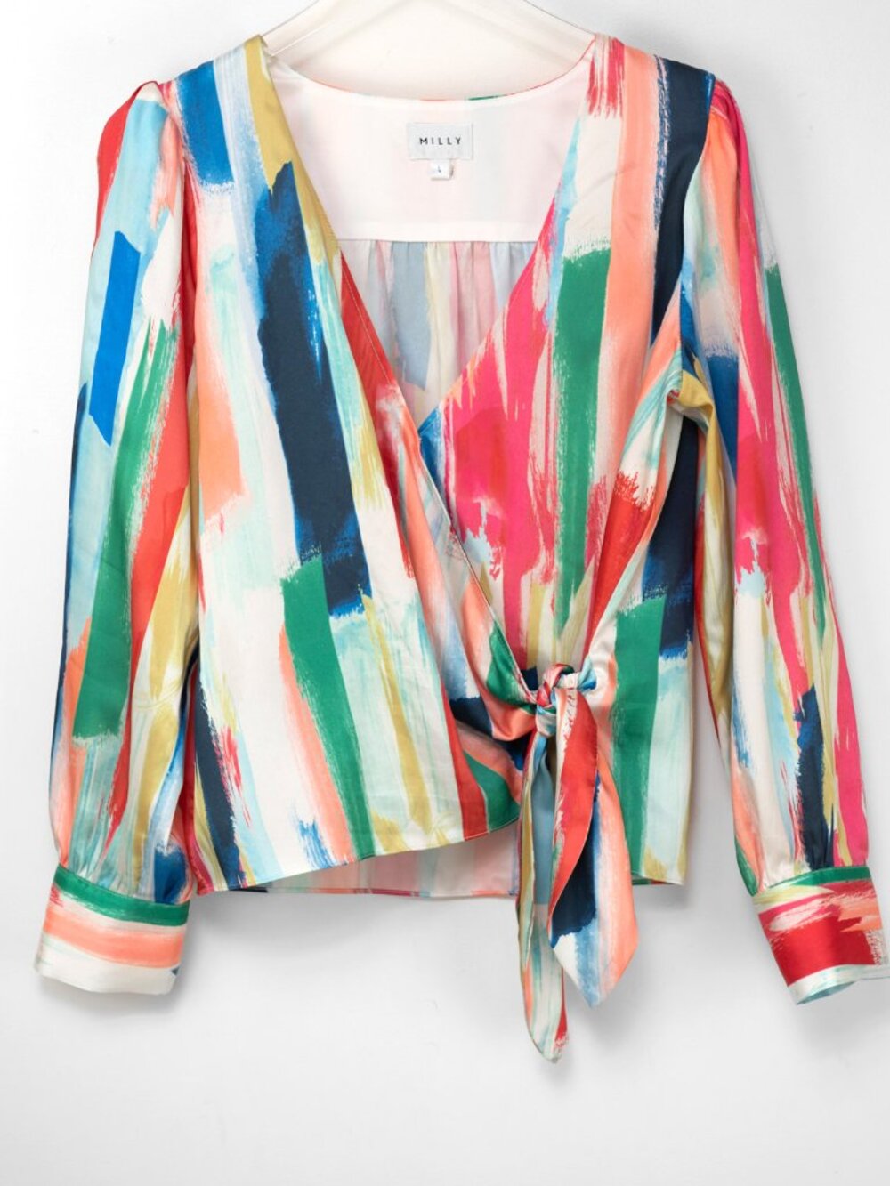 Milly Blouse Watercolor Brushstroke Wrap Top Long Sleeve Multicolor Size Large